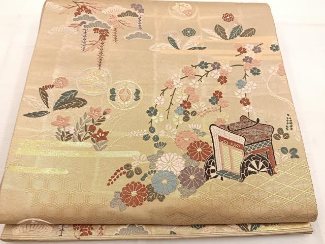 平和屋着物◎六通柄袋帯 唐織 草木染 御所車花文 金糸 正絹 逸品 BAAW1163mz