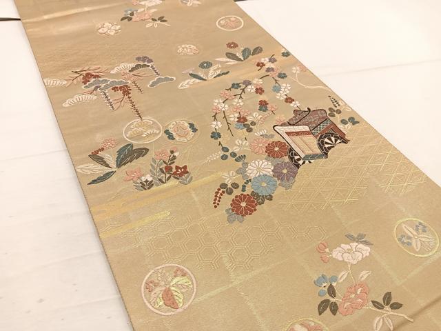 平和屋着物◎六通柄袋帯 唐織 草木染 御所車花文 金糸 正絹 逸品 BAAW1163mz