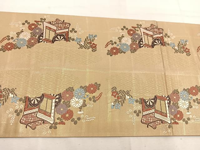 平和屋着物◎六通柄袋帯 唐織 草木染 御所車花文 金糸 正絹 逸品 BAAW1163mz