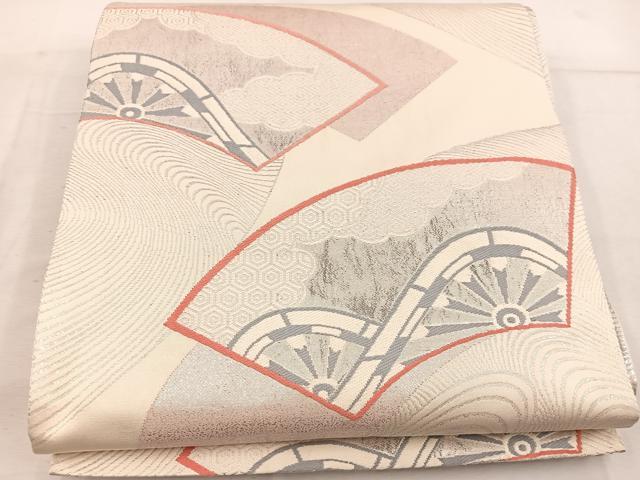 平和屋着物◎両面 六通柄袋帯 唐織 地紙重ね片輪車文 銀糸 正絹 逸品 BAAW1205mz