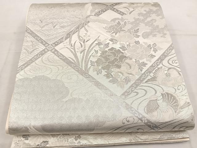 平和屋着物◎六通柄袋帯 九百新花鳥錦 流水鴛鴦花文 銀糸 正絹 逸品 BAAW1212mz
