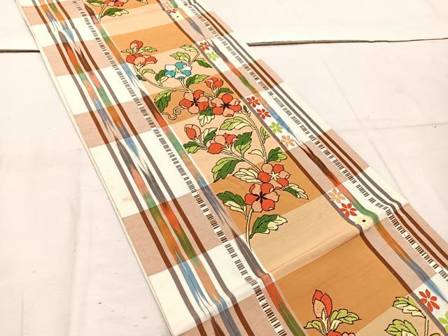平和屋着物◎六通柄袋帯 唐織 紬地 枝花文 正絹 逸品 BAAW1226mz