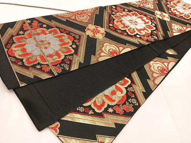 平和屋着物◎六通柄袋帯 松皮菱花文 黒地 金銀糸 正絹 逸品 BAAW1243mz
