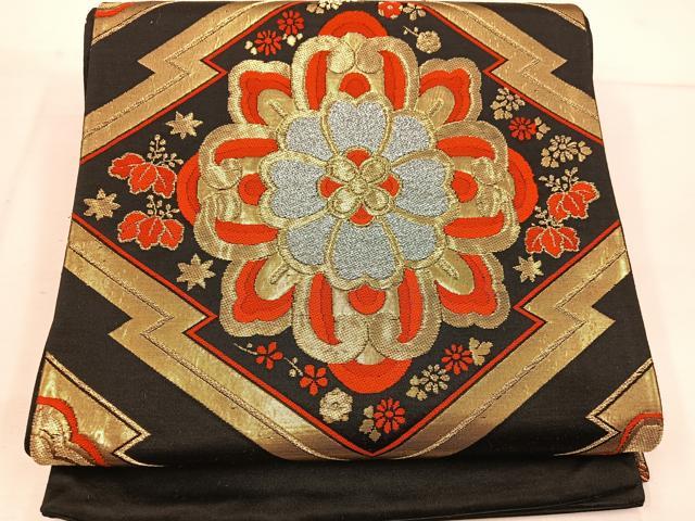 平和屋着物◎六通柄袋帯 松皮菱花文 黒地 金銀糸 正絹 逸品 BAAW1243mz