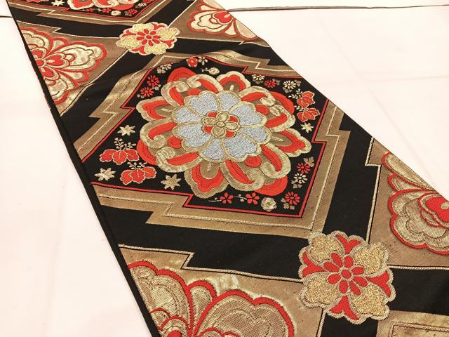 平和屋着物◎六通柄袋帯 松皮菱花文 黒地 金銀糸 正絹 逸品 BAAW1243mz