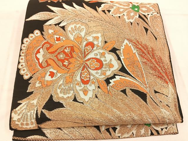 平和屋着物◎六通柄 本袋帯 更紗花文 黒地 金糸 BAAW1275mz