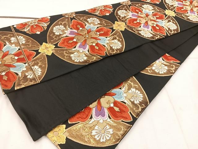平和屋着物◎六通柄袋帯 唐織 花丸文 黒地 金糸 正絹 逸品 BAAW1280mz