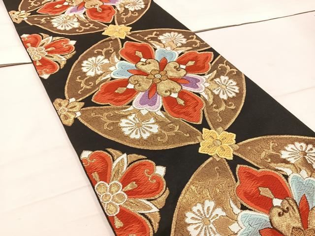 平和屋着物◎六通柄袋帯 唐織 花丸文 黒地 金糸 正絹 逸品 BAAW1280mz