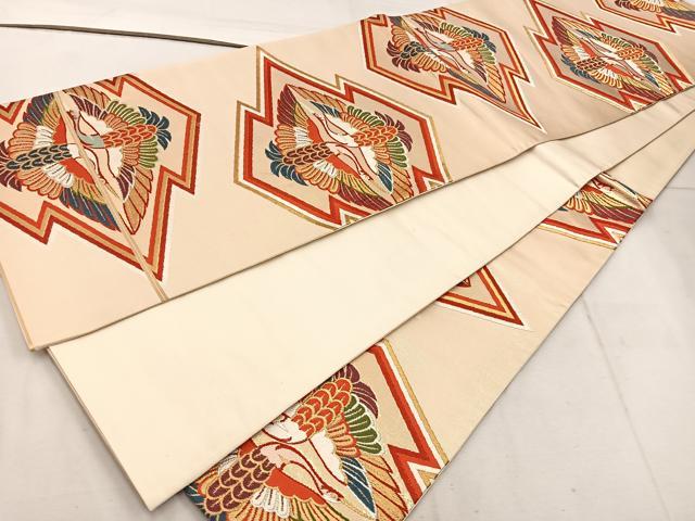 平和屋着物◎六通柄袋帯 唐織 松皮菱双鶴文 金銀糸 正絹 逸品 BAAW1330mz