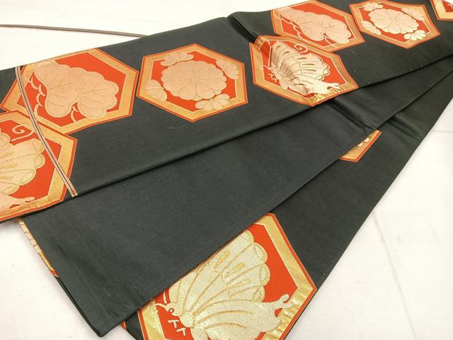 平和屋着物◎六通柄袋帯 亀甲花蝶文 黒地 金糸 正絹 逸品 BAAW1336mz