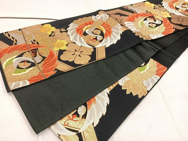 平和屋着物◎六通柄袋帯 唐織 飛鶴花文 黒地 金銀糸 正絹 逸品 BAAW1338mz