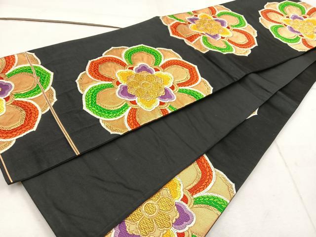 平和屋着物◎六通柄袋帯 唐織 宝相華 黒地 金糸 正絹 逸品 BAAW1340mz