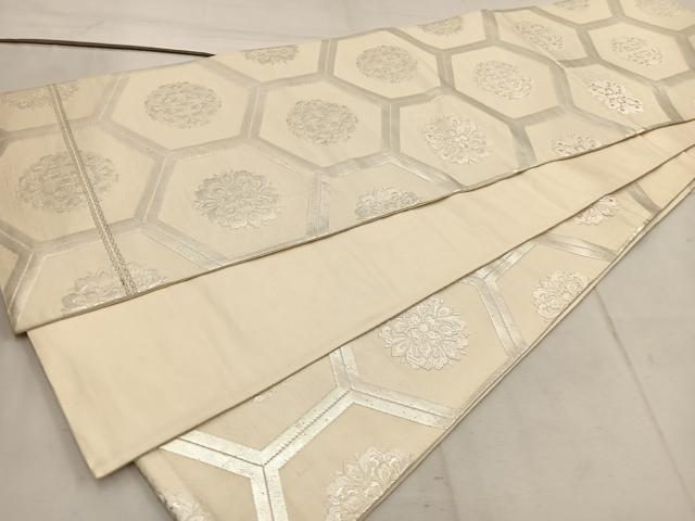平和屋着物◎六通柄袋帯 唐織 亀甲花文 銀糸 正絹 逸品 BAAW1353mz