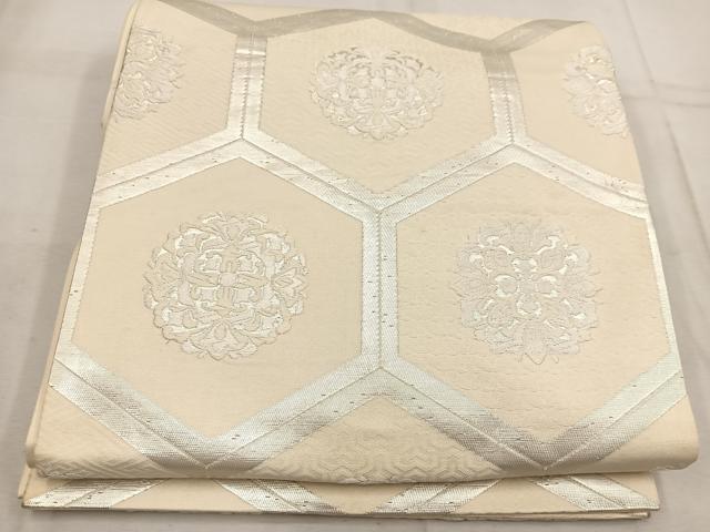 平和屋着物◎六通柄袋帯 唐織 亀甲花文 銀糸 正絹 逸品 BAAW1353mz