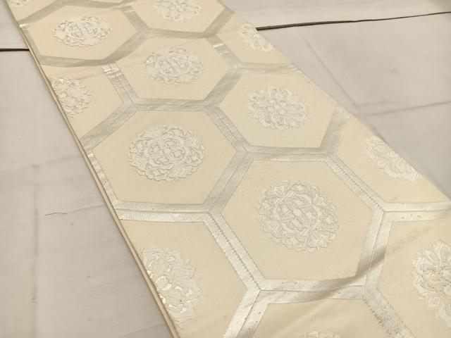 平和屋着物◎六通柄袋帯 唐織 亀甲花文 銀糸 正絹 逸品 BAAW1353mz