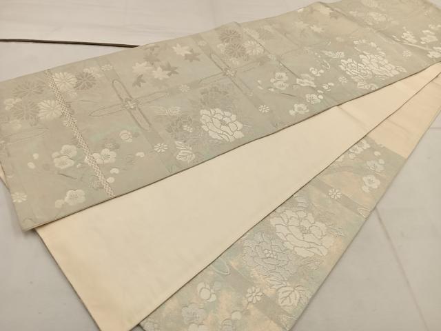 平和屋着物◎六通柄袋帯 牡丹花文 銀糸 正絹 逸品 BAAW1369mz