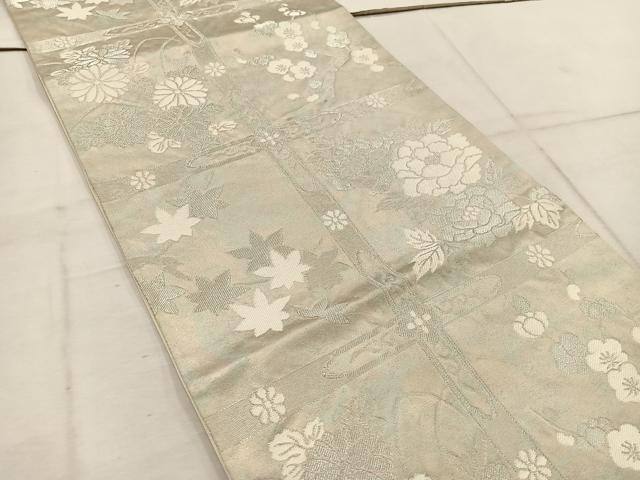 平和屋着物◎六通柄袋帯 牡丹花文 銀糸 正絹 逸品 BAAW1369mz