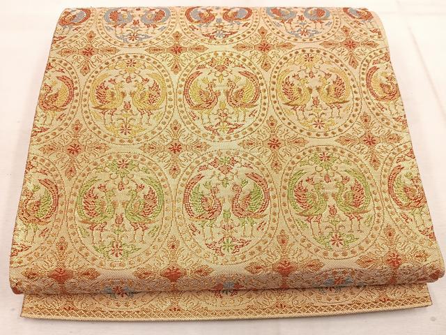 平和屋着物◎佐賀錦 六通柄袋帯 向かい鳥花文 金糸 正絹 逸品 BAAW1449mz
