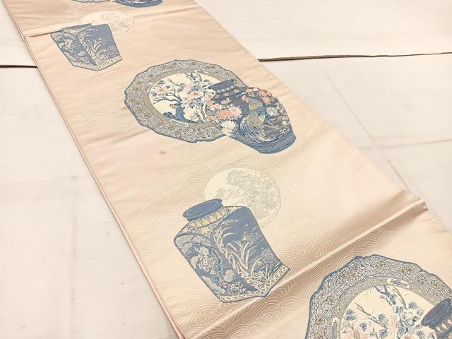 平和屋着物◎六通柄袋帯 唐織 陶器花鳥文 金糸 正絹 逸品 BAAW1465mz