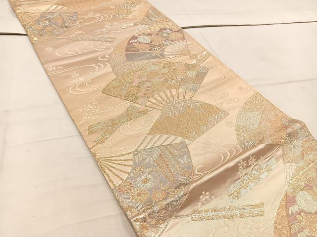 平和屋着物◎西陣 六通柄袋帯 扇面御所車花文 金銀糸 証紙付き 正絹 逸品 BAAW1473mz