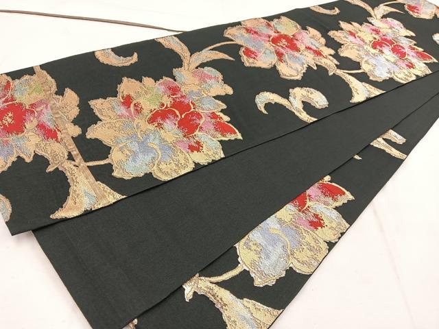 平和屋着物◎西陣 六通柄 本袋帯 更紗花文 黒地 金糸 正絹 逸品 BAAW1488mz