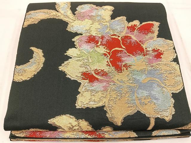 平和屋着物◎西陣 六通柄 本袋帯 更紗花文 黒地 金糸 正絹 逸品 BAAW1488mz