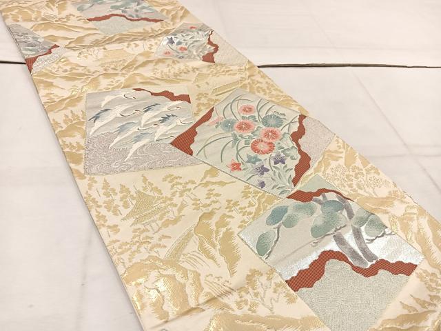 平和屋着物◎六通柄袋帯 唐織 色紙取鶴草花文 金銀糸 正絹 逸品 BAAW1493mz