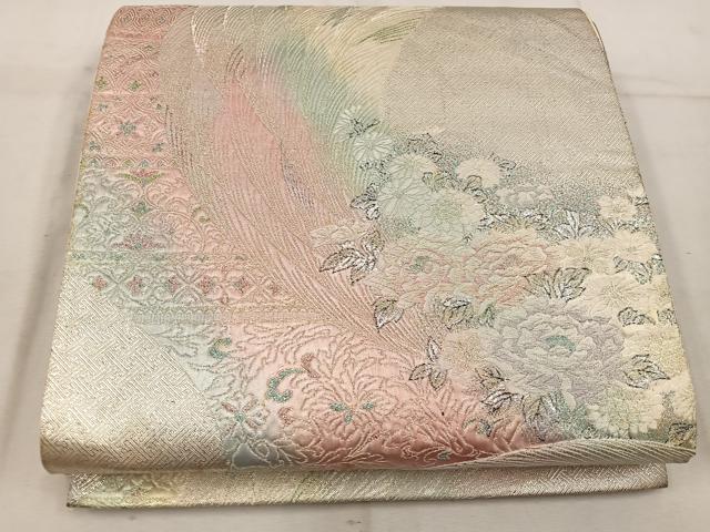 平和屋着物◎六通柄袋帯 牡丹花文 銀糸 正絹 逸品 BAAW1509mz