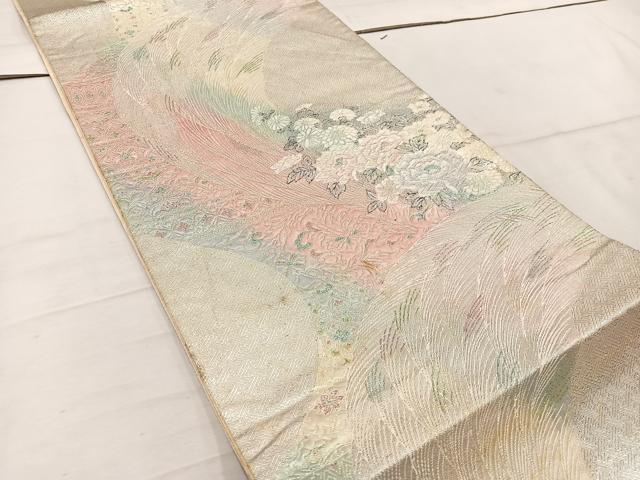 平和屋着物◎六通柄袋帯 牡丹花文 銀糸 正絹 逸品 BAAW1509mz