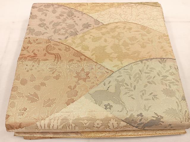 平和屋着物◎佐賀錦 六通柄袋帯 動物花文 金糸 正絹 逸品 BAAW1519mz