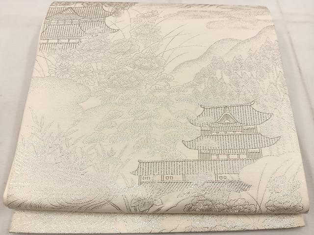 平和屋着物◎六通柄袋帯 九百錦織 風景花文 プラチナ二重箔 正絹 逸品 BAAW1523mz