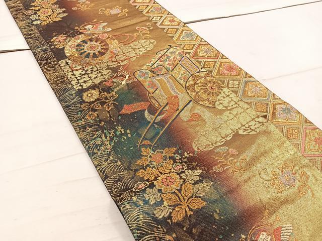 平和屋着物◎六通柄袋帯 御所車献上文 金糸 引箔 正絹 逸品 BAAW1533mz