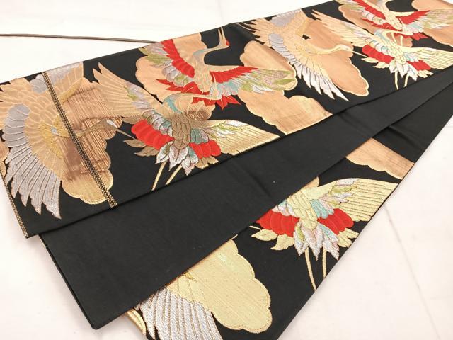 平和屋着物◎六通柄袋帯 雲取り飛鶴文 黒地 金銀糸 正絹 逸品 BAAW1546mz