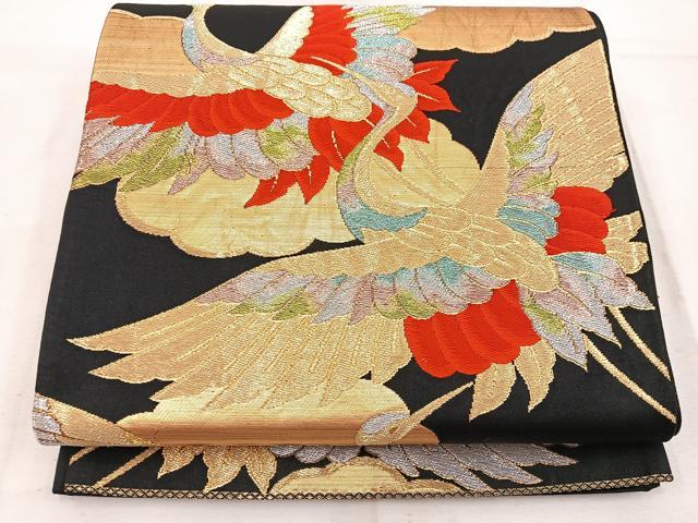 平和屋着物◎六通柄袋帯 雲取り飛鶴文 黒地 金銀糸 正絹 逸品 BAAW1546mz