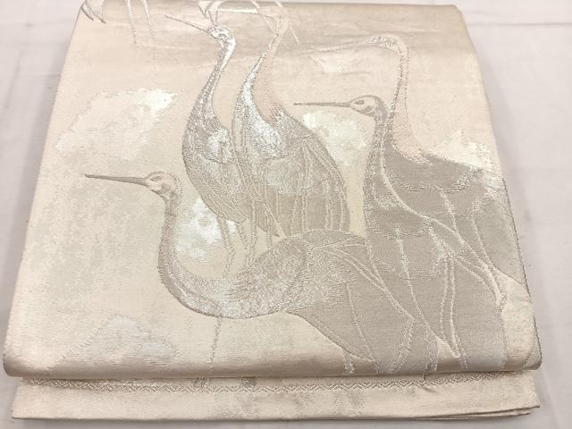 平和屋着物◎六通柄袋帯 群鶴 銀糸 正絹 逸品 BAAW1557mz