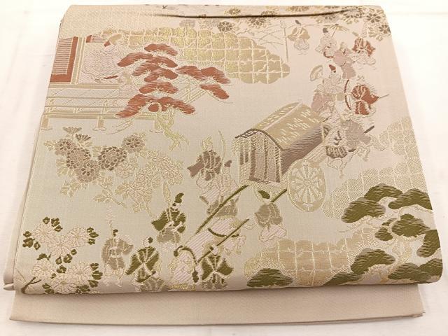 平和屋着物◎六通柄袋帯 人物風景花文 金糸 正絹 逸品 BAAW1558mz