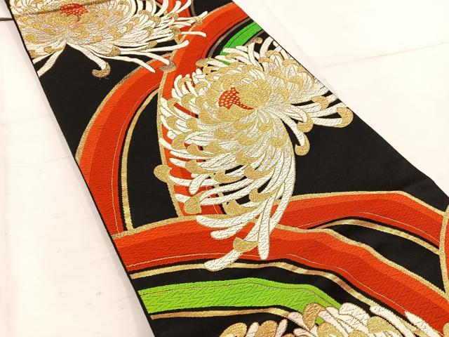 平和屋着物◎六通柄袋帯 唐織 乱菊 黒地 金銀糸 正絹 逸品 BAAW1563mz