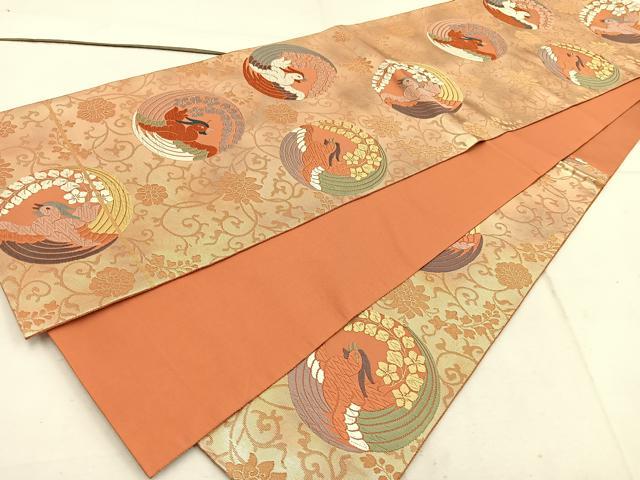 平和屋着物◎六通柄袋帯 唐織 織文錦 花鳥丸文 金糸 正絹 逸品 BAAW1578mz