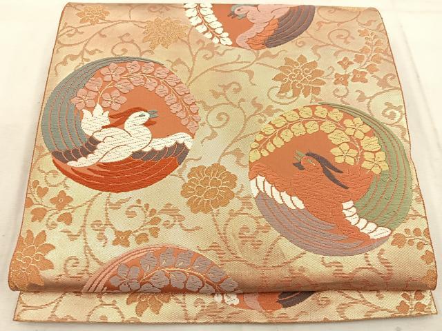 平和屋着物◎六通柄袋帯 唐織 織文錦 花鳥丸文 金糸 正絹 逸品 BAAW1578mz