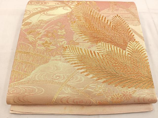 平和屋着物◎六通柄袋帯 流水草葉文 金糸 正絹 逸品 BAAW1588mz