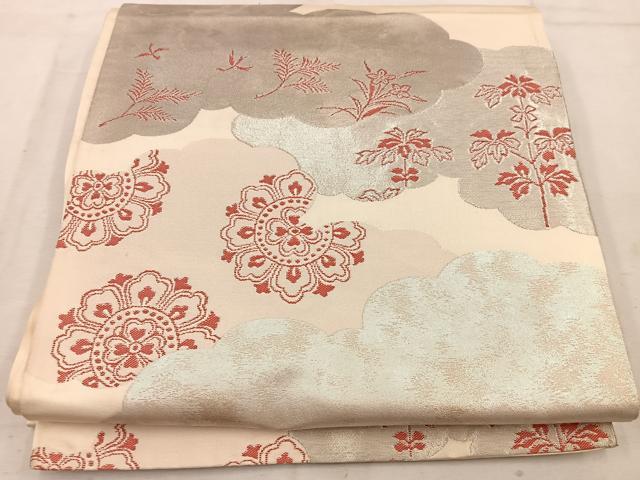 平和屋着物◎六通柄袋帯 雲重ね花文 銀糸 正絹 逸品 BAAW1616mz