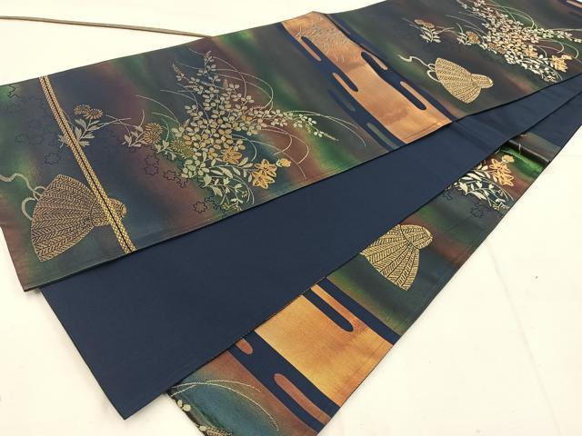 平和屋着物◎六通柄袋帯 エ霞花文 金糸 引箔 正絹 逸品 BAAW1617mz