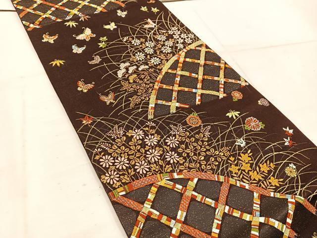 平和屋着物◎六通柄袋帯 唐織 籬花蝶文 金糸 正絹 逸品 BAAW1651mz