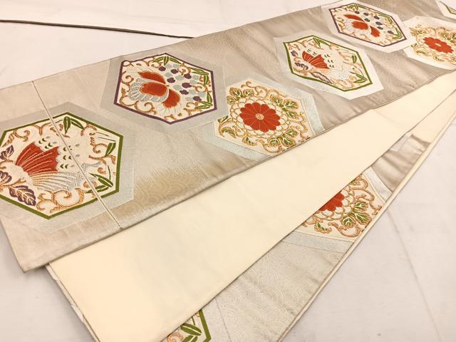平和屋着物◎六通柄袋帯 亀甲花蝶文 金銀糸 三越扱い 正絹 逸品 BAAW1674mz