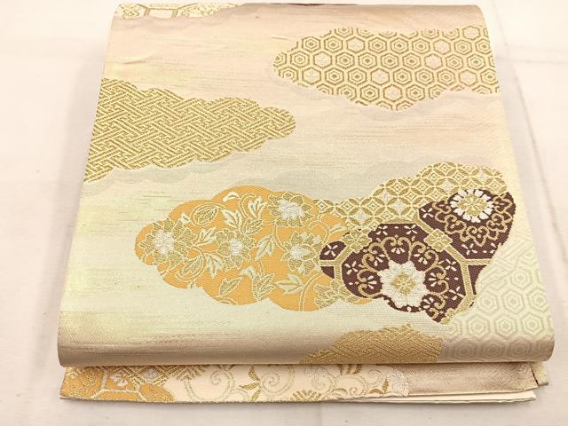 平和屋着物◎六通柄袋帯 雲取り亀甲花文 金糸 正絹 逸品 BAAW1683mz