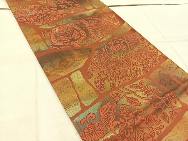 平和屋着物◎六通柄袋帯 動物更紗花文 金糸 正絹 逸品 BAAW1692mz
