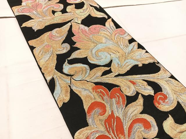 平和屋着物◎六通柄 本袋帯 更紗花文 黒地 金銀糸 正絹 逸品 BAAW1707mz