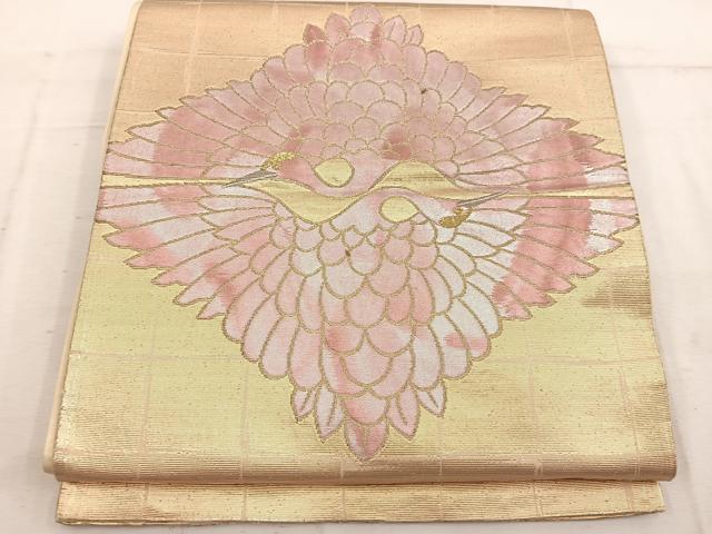 平和屋着物◎太鼓柄袋帯 双鶴 金糸 引箔 正絹 逸品 BAAW1742mz