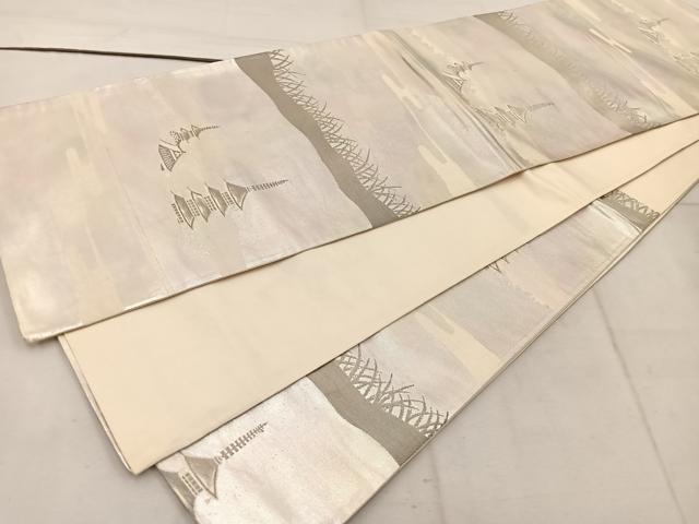 平和屋着物◎西陣 六通柄袋帯 風景文 銀糸 正絹 逸品 BAAW1756mz