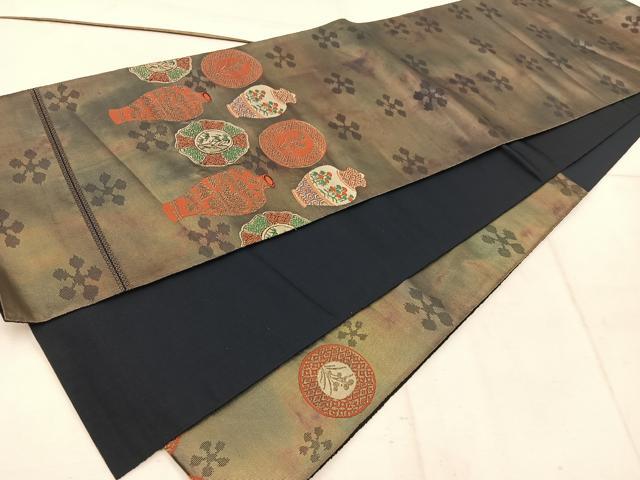 平和屋着物◎西陣 服部織物謹製 六通柄袋帯 こはく錦 陶器花文 金糸 正絹 逸品 BAAW1760mz